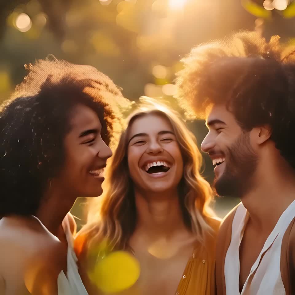 三个人站在一起，面带笑容。中间的女子留着浅棕色头发