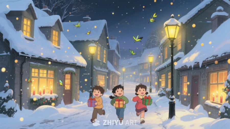 雪夜温馨街景，孩童手捧礼物 418