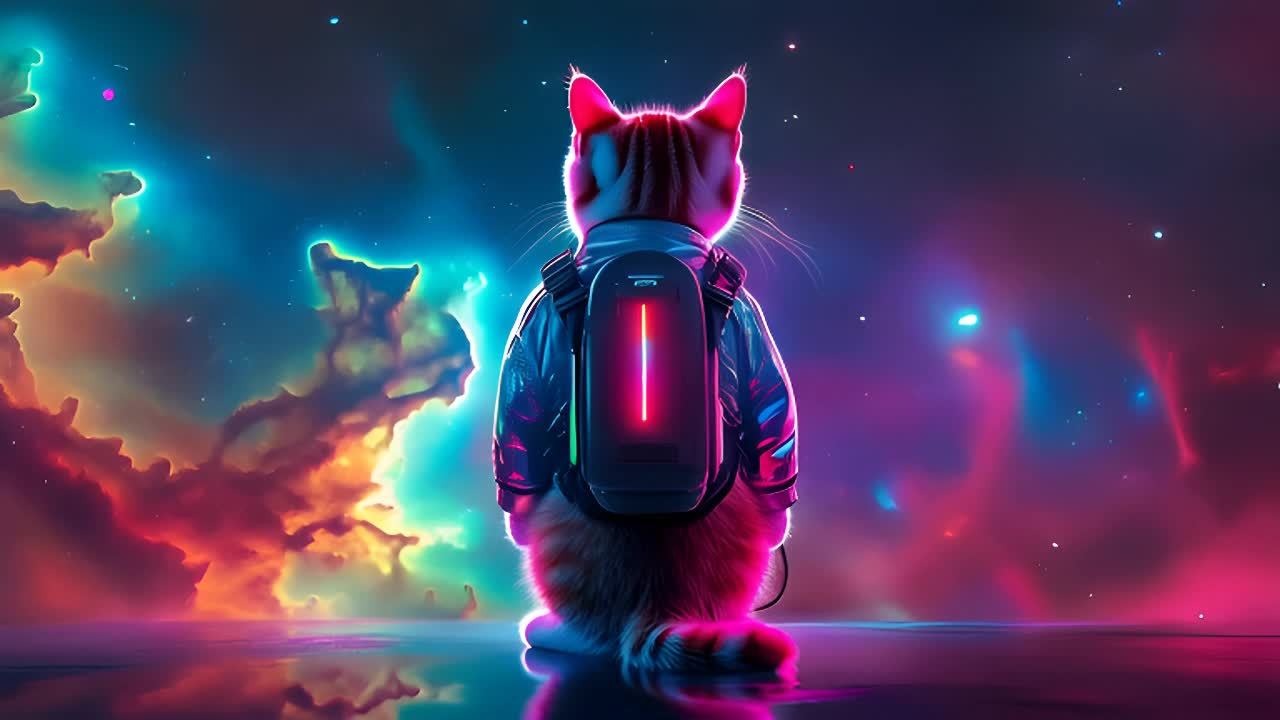 一只穿着夹克和背包的猫站在光滑的表面上，背景是色彩