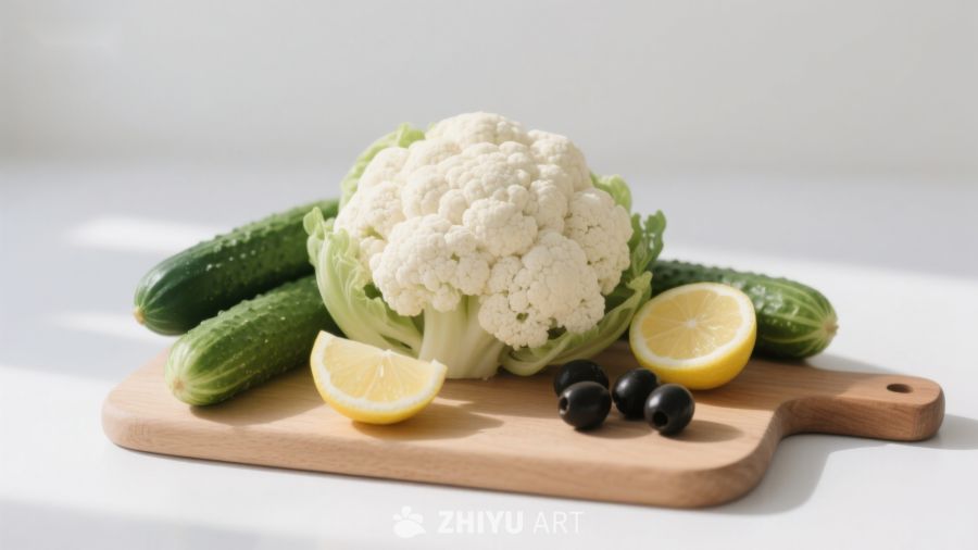 新鲜蔬菜与柠檬摆盘