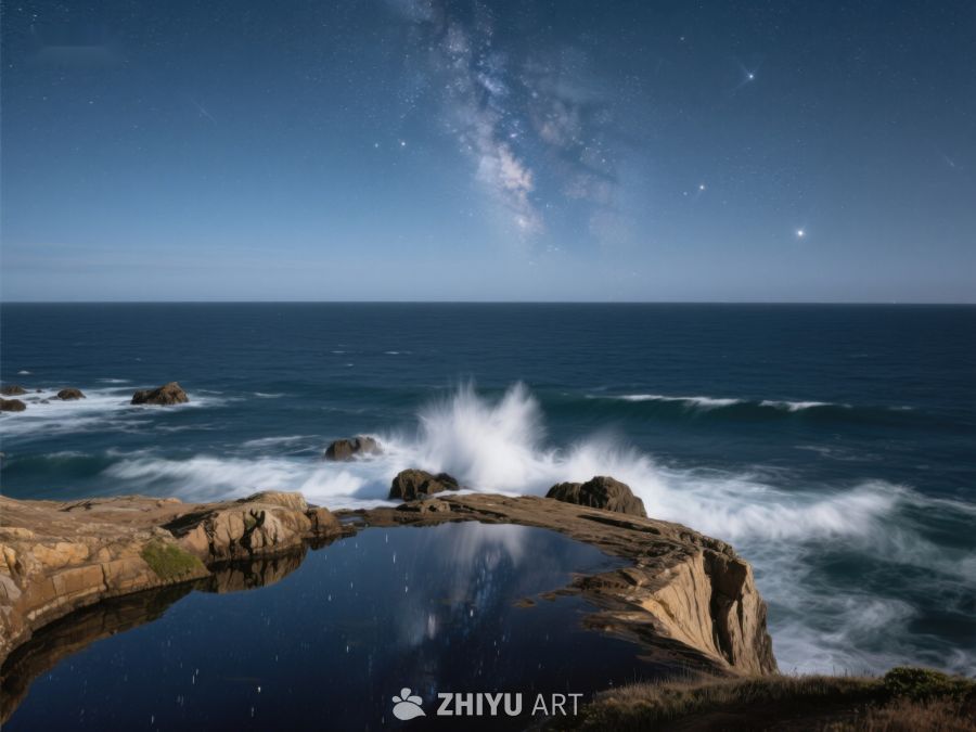 夜空下的海浪与岩石 332