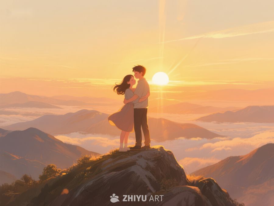 山顶情侣日落拥吻 640