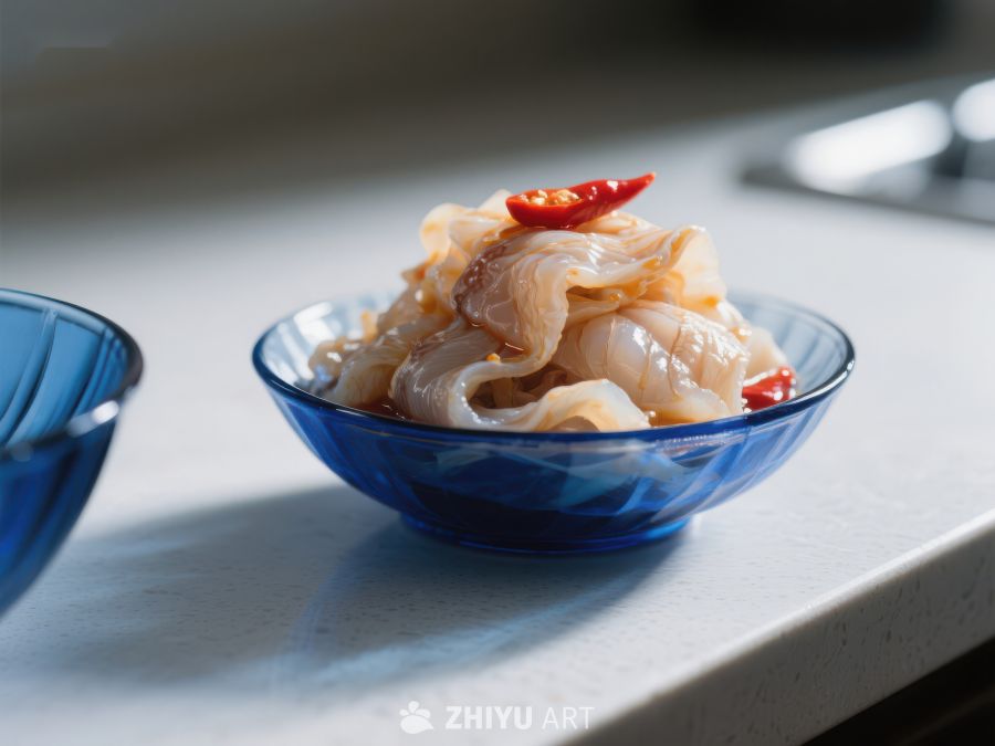 蓝色碗中的腌制鱿鱼丝 773