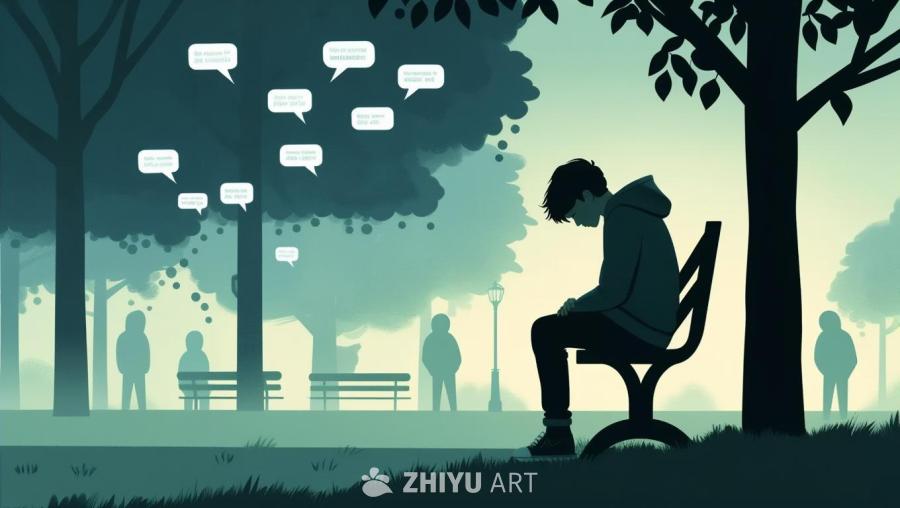 一个穿着连帽衫的少年坐在公园的长椅上，头低着。树的