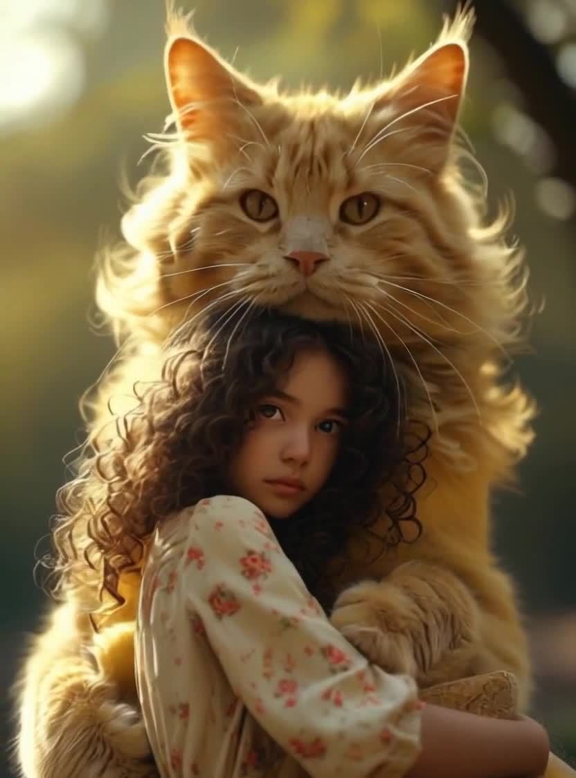 一个年轻女孩和一个巨大的猫相互依偎在一起。女孩有一