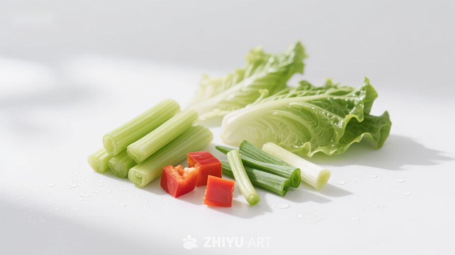 新鲜蔬菜切片，包括生菜、芹菜和红椒