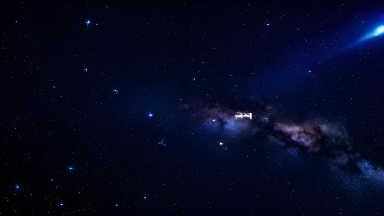 深蓝色背景中，散布着许多闪烁的星星，星空中呈现出明