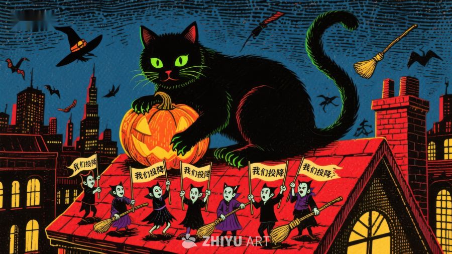 黑猫与南瓜统治屋顶，小巫师举旗投降