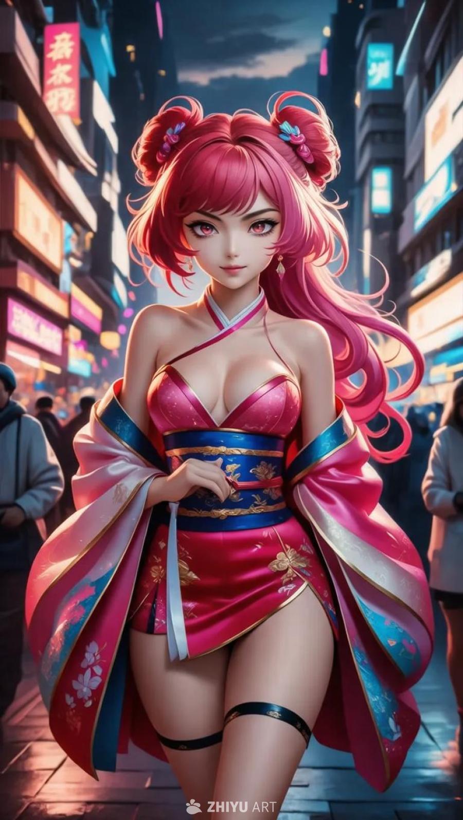 一个动漫风格的女子站在一个繁华的城市街道上。她有着