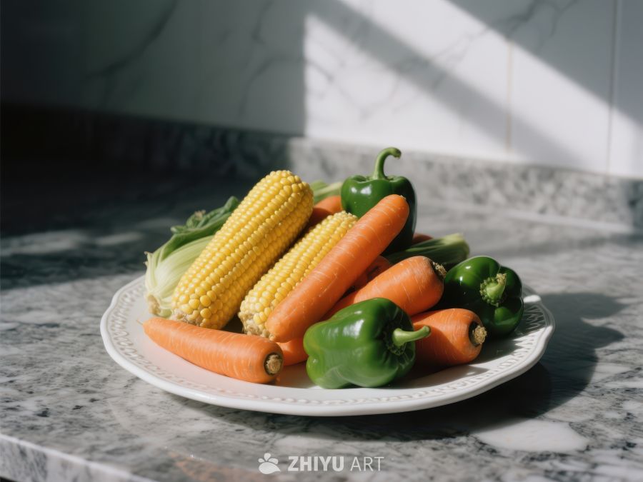 新鲜蔬菜盘：玉米、胡萝卜与青椒 676