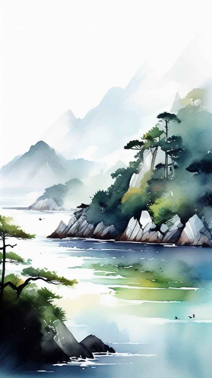 雾气缭绕大海山水画简约风格 32