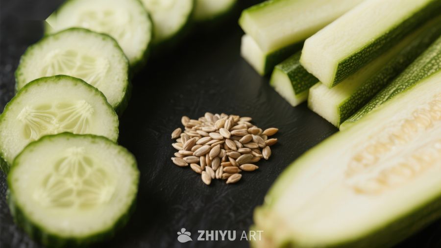 切片黄瓜与种子的静物展示