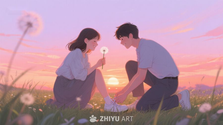 夕阳下，男孩为女孩系鞋带 520