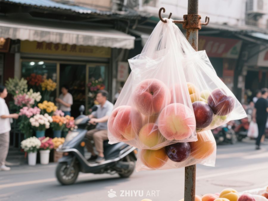 街头塑料袋装苹果与行人 312