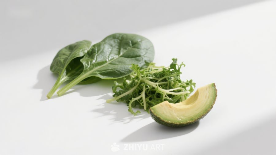 新鲜绿叶与牛油果切片