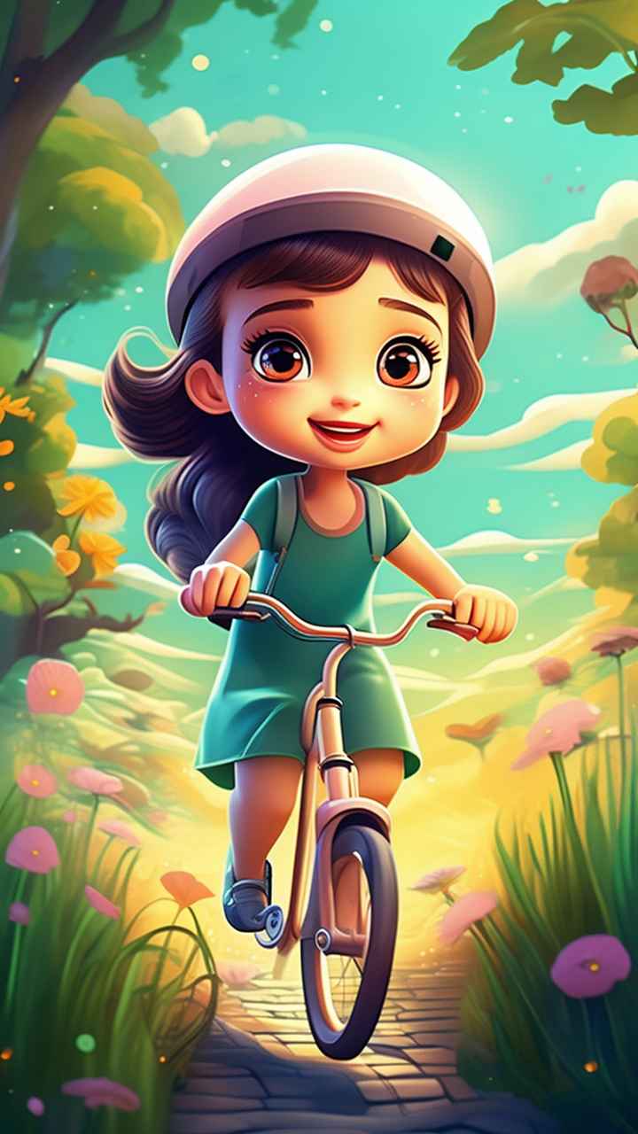 卡通可爱的女孩骑自行车梦幻般的意象 13