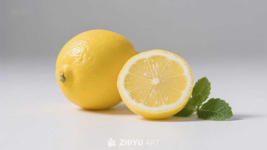新鲜柠檬与薄荷叶的静物图
