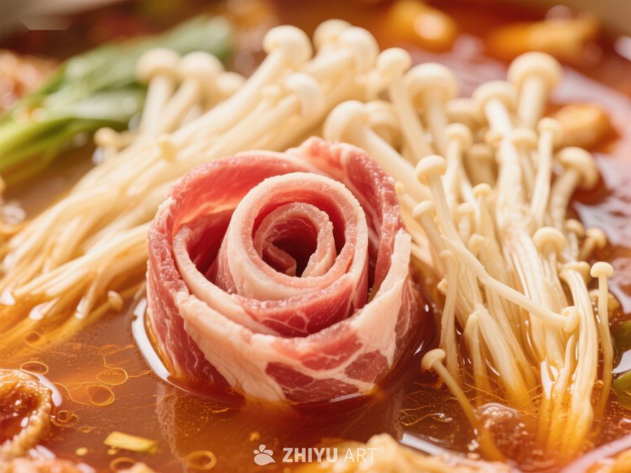 火锅中的金针菇与肉片玫瑰 234