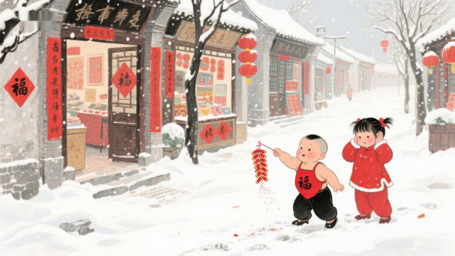 雪中孩童放鞭炮，古街新年氛围浓 1114