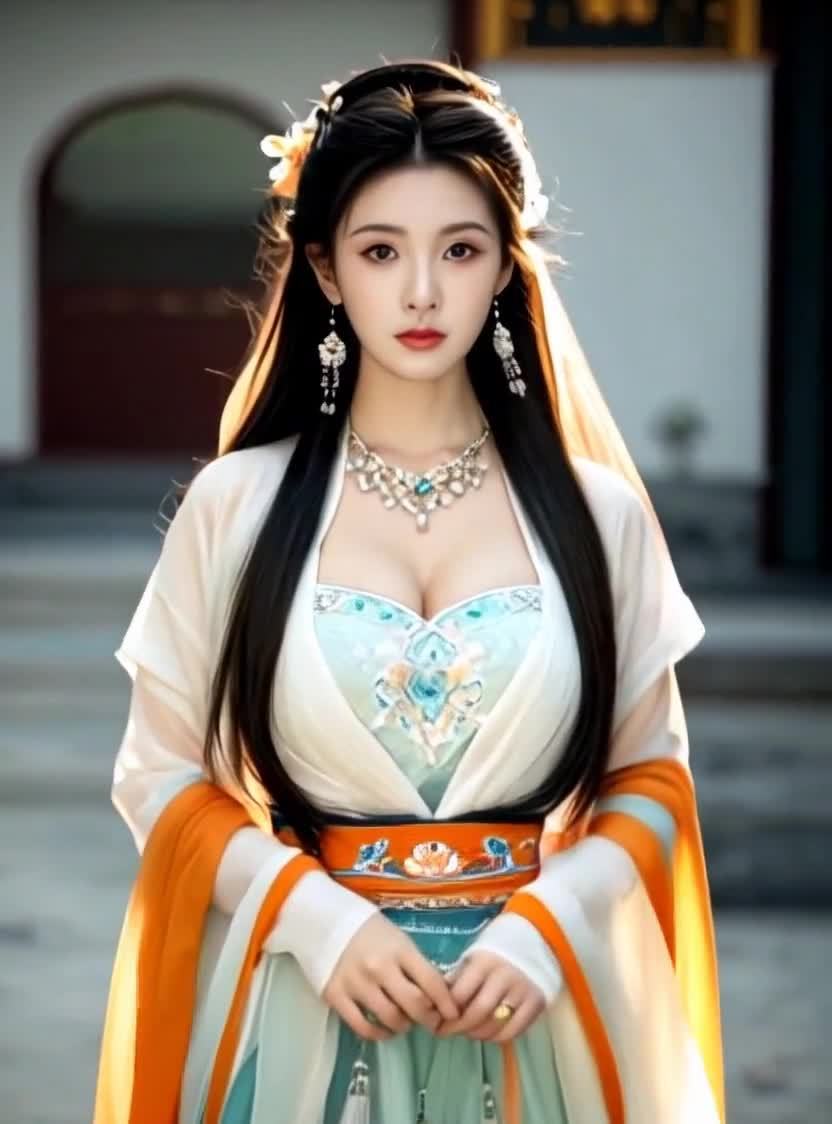 一位身着古典服饰的女子站在建筑物前，长发披肩，头戴