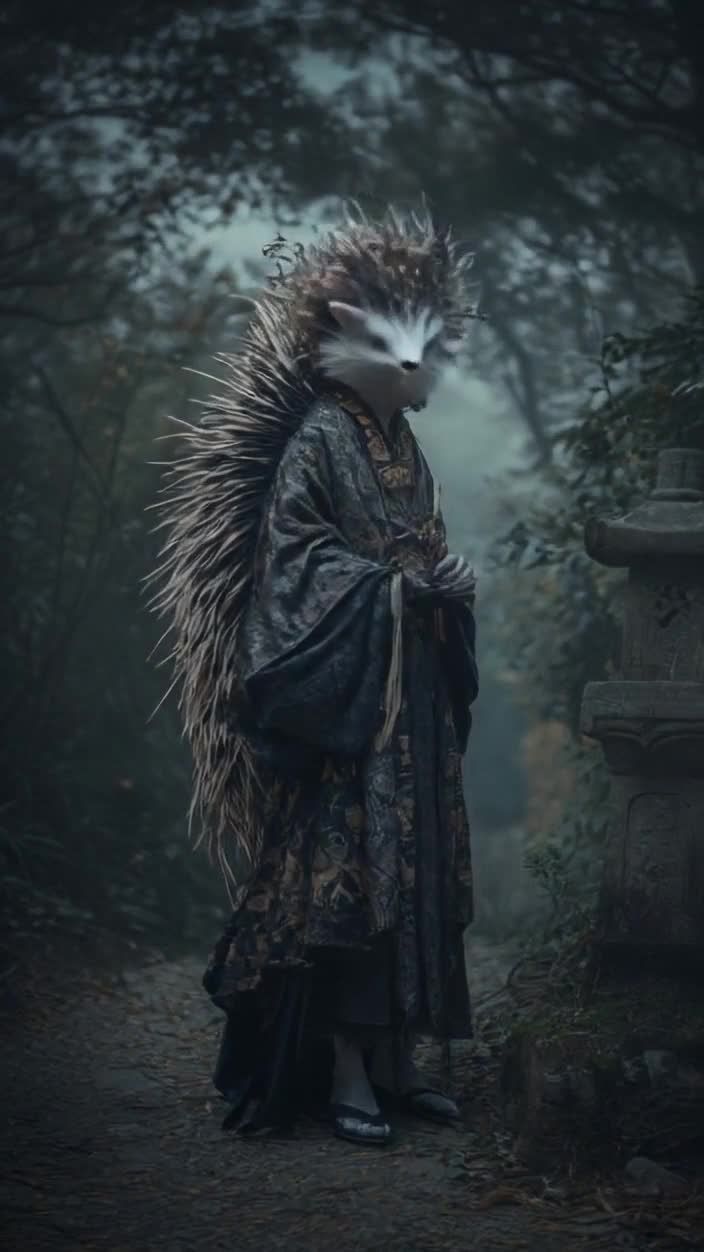 一只拟人化的刺猬站在树林中的小路上，它穿着一件深色