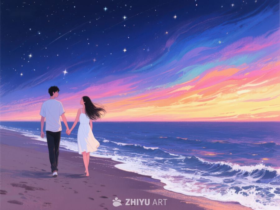 情侣手牵手漫步海滩夜景 566