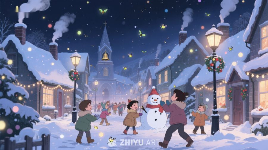 冬夜小镇欢庆雪人 98