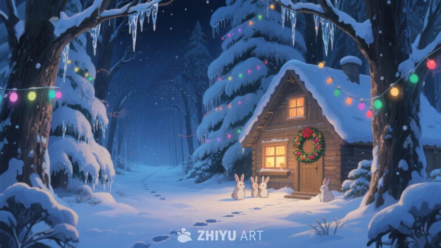 雪夜小屋，温馨节日氛围 400