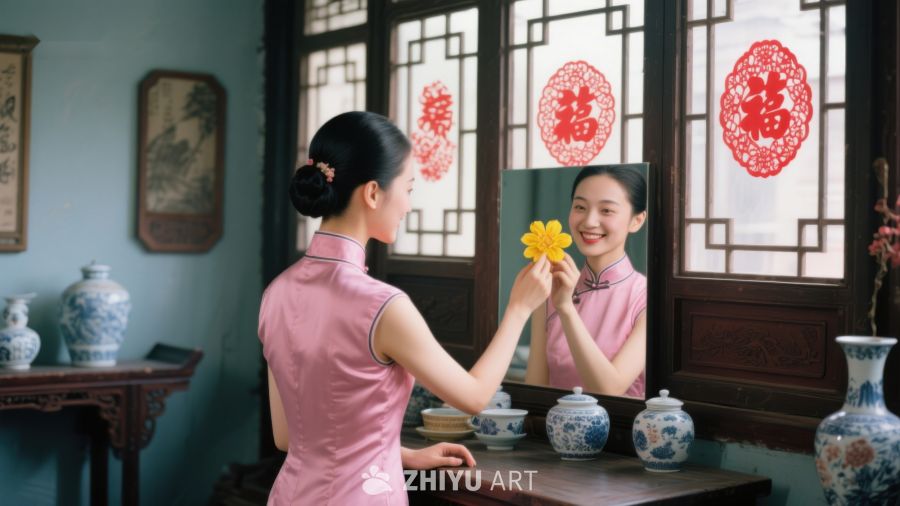 女子镜前微笑，手持花朵 678