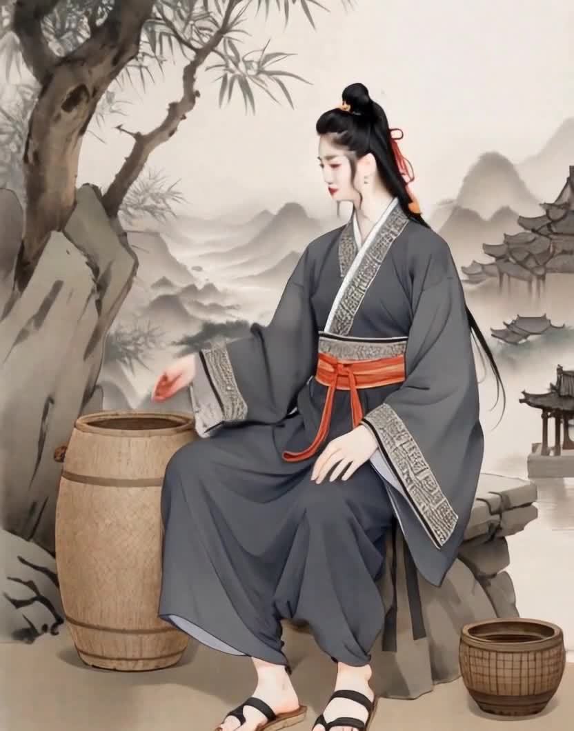 一位身穿古代服饰的女子坐在石头上，背景是水墨风格的