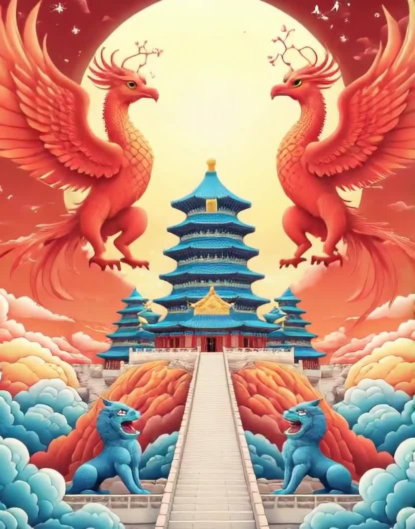 画面中心是一座层叠的蓝色中国古风建筑，建筑顶部是金