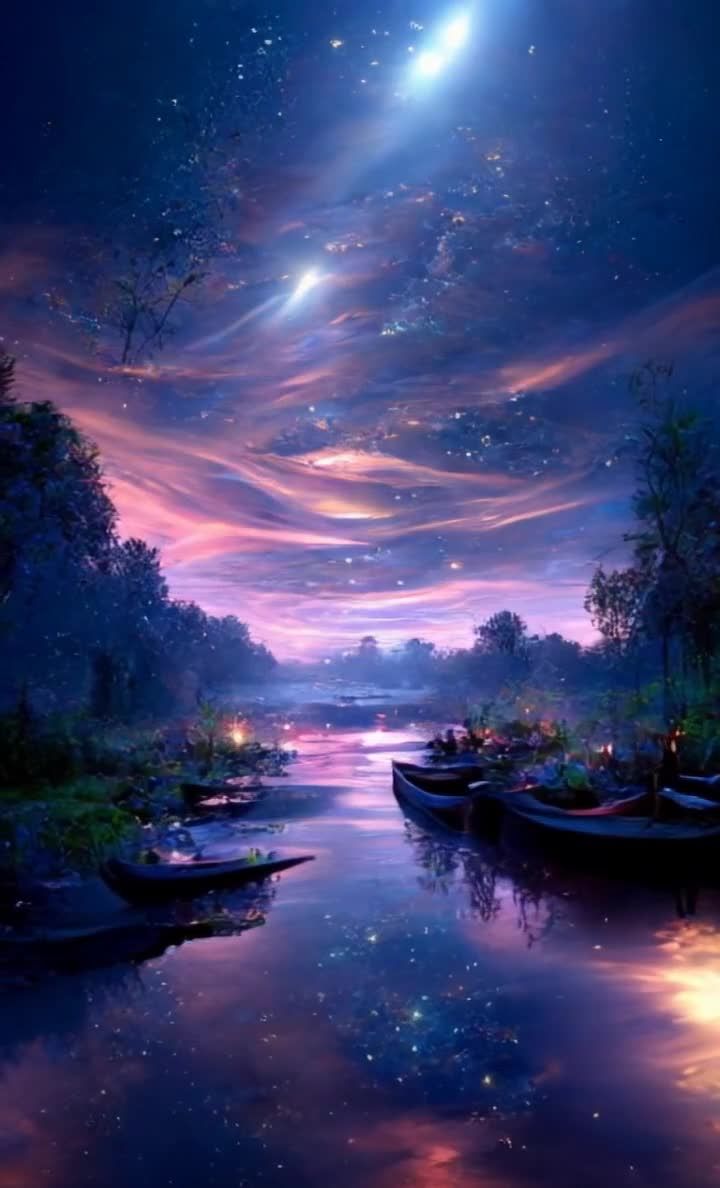 星空下的河湾，小船与星光辉映的宁静画面。