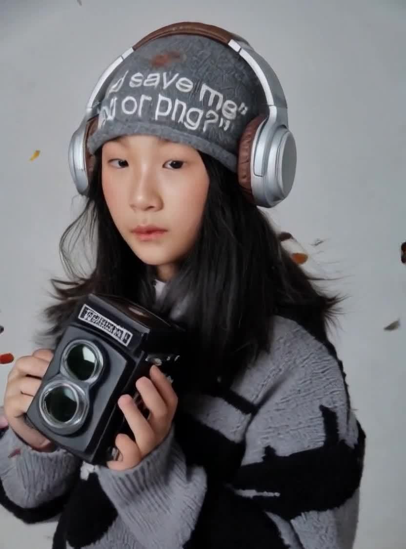 戴耳机帽女孩持复古相机