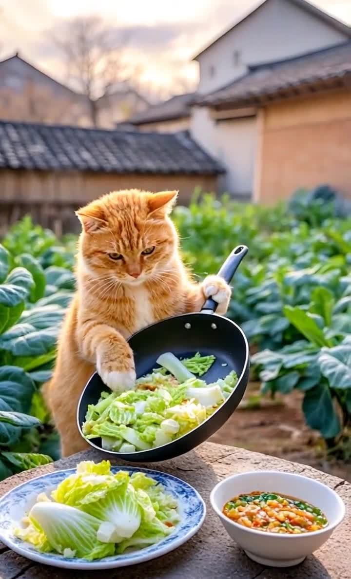 一只橘猫站在菜园里，举着一只平底锅。锅里装着切好的