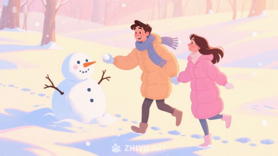 冬日雪地，情侣堆雪人 166