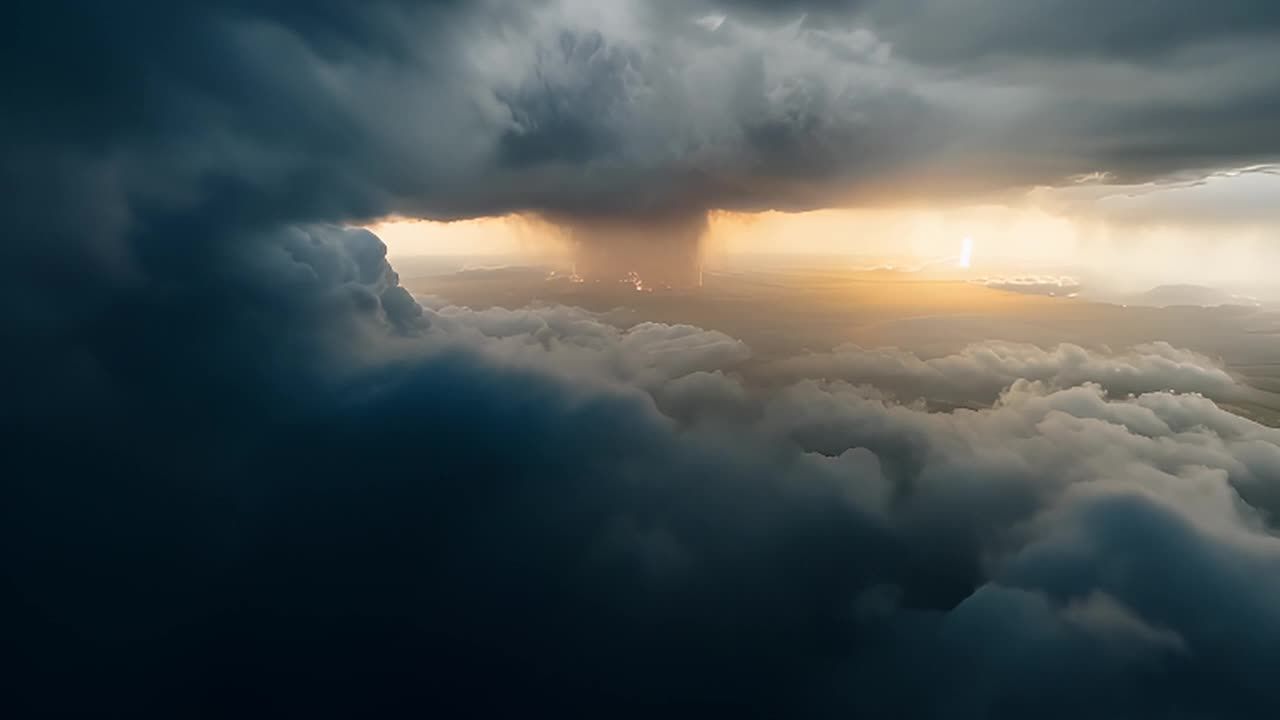 乌云密布的天空，闪电照亮天际。缓慢移动的雷雨云横跨