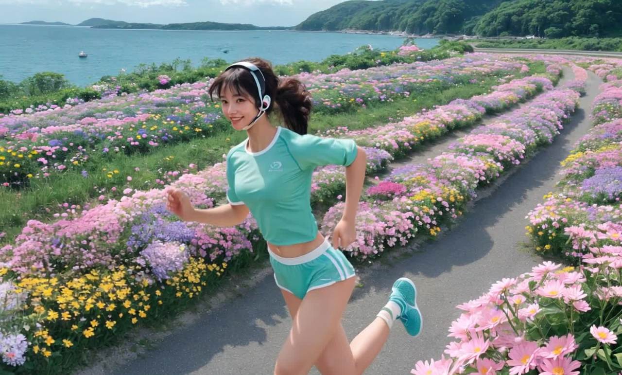 一名年轻女子戴着耳机，穿着浅绿色运动套装和蓝色运动