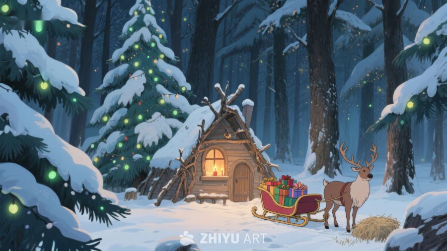 雪夜森林中的温馨小屋与驯鹿 360