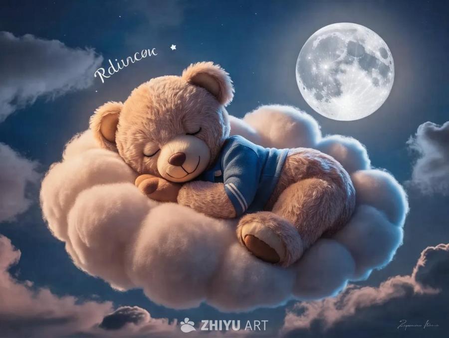 夜空中，一轮满月发出光芒，月球表面布满环形山。一只