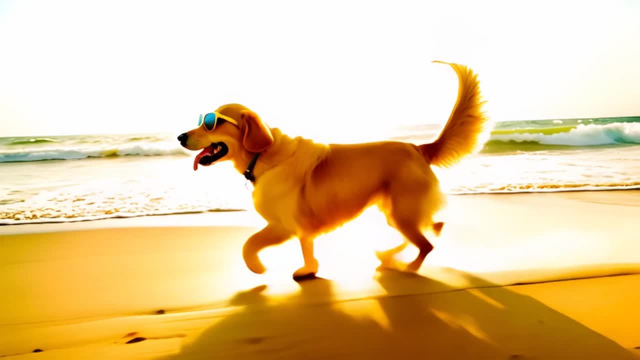 一只金毛犬戴着太阳镜在沙滩上快乐地奔跑。相机跟随狗狗沿着海岸线移动。附近有波浪破碎，沙子飞溅，阳光反射在水面上，形成了一个充满活力和生机的场景。海滩上的金毛犬活泼可爱，它张着嘴巴，吐出舌头，显得非常兴奋。它的眼睛被一副时尚的墨镜遮住，增添了几分酷劲。背景是波涛汹涌的大海和灿烂的阳光，整个画面充满了动感与活力。