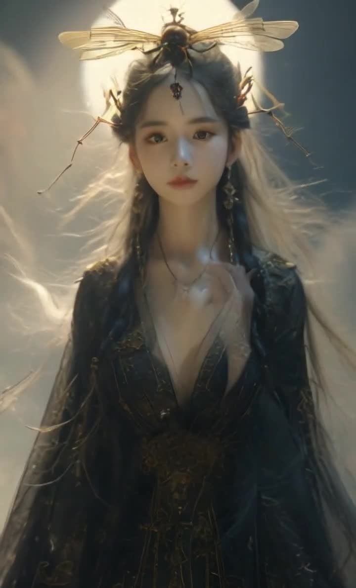 银发昆虫发饰女子，月光下，深色长袍。