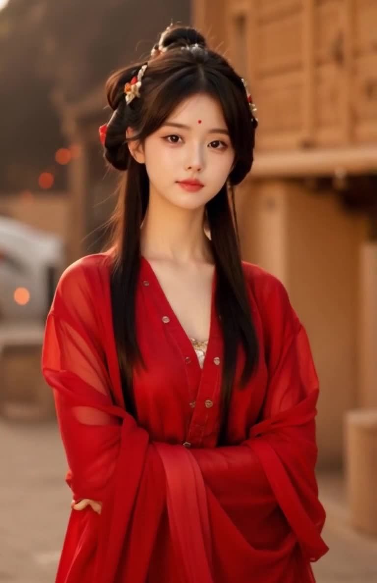 一位身着红色汉服的年轻女子站在室外。她的头发被盘起