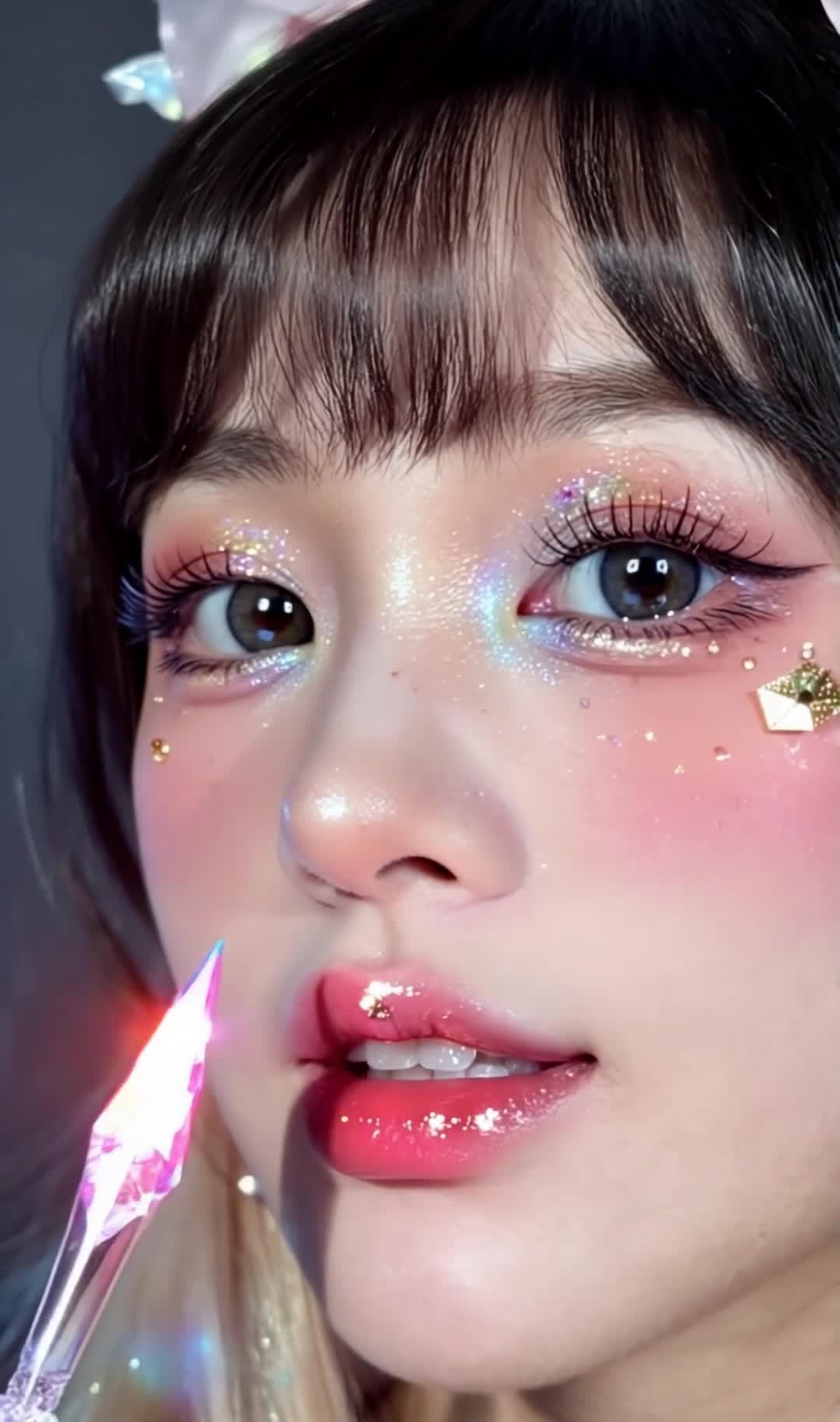 漫展初音未来背景前精致coser的魔法妆容特写