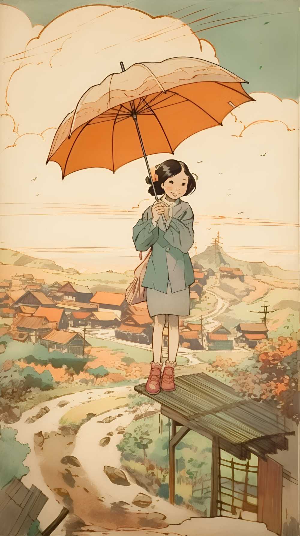 拿着伞的动画片女孩