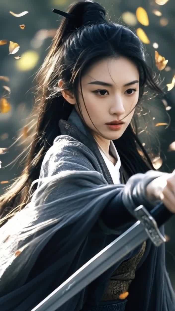 持剑古装女子，眼神坚定，背景朦胧，气势凛然