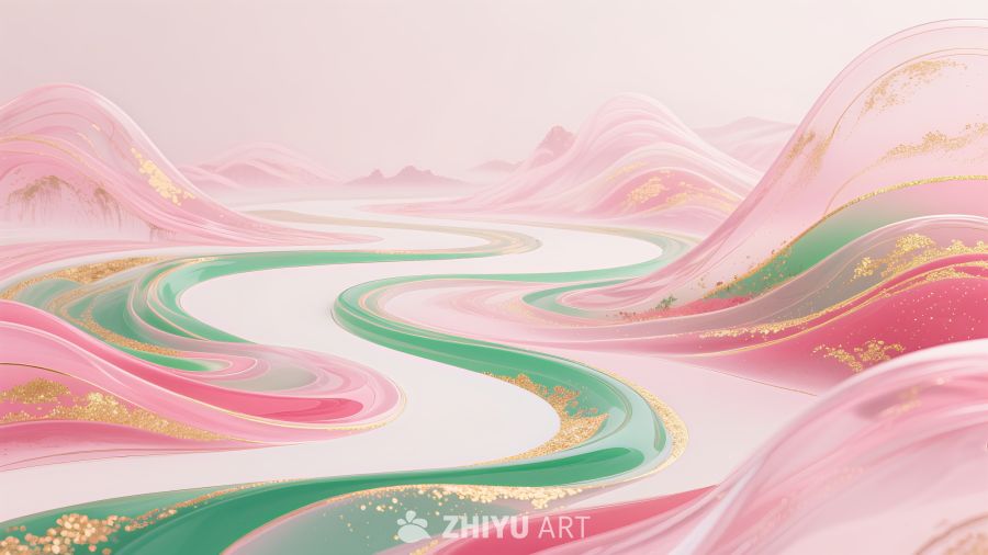 金箔中国风山水河流插画背景素材 4