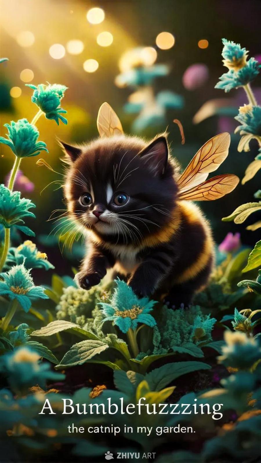 一只黑色小猫头的生物，长着触须，并带有蜜蜂的翅膀，