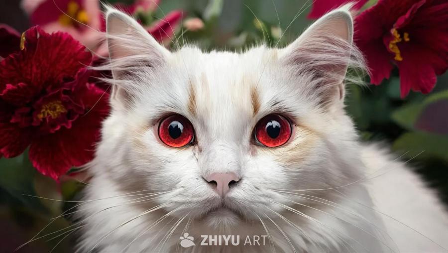 一只白色的小猫，长着红色的眼睛，周围有红色的花朵和
