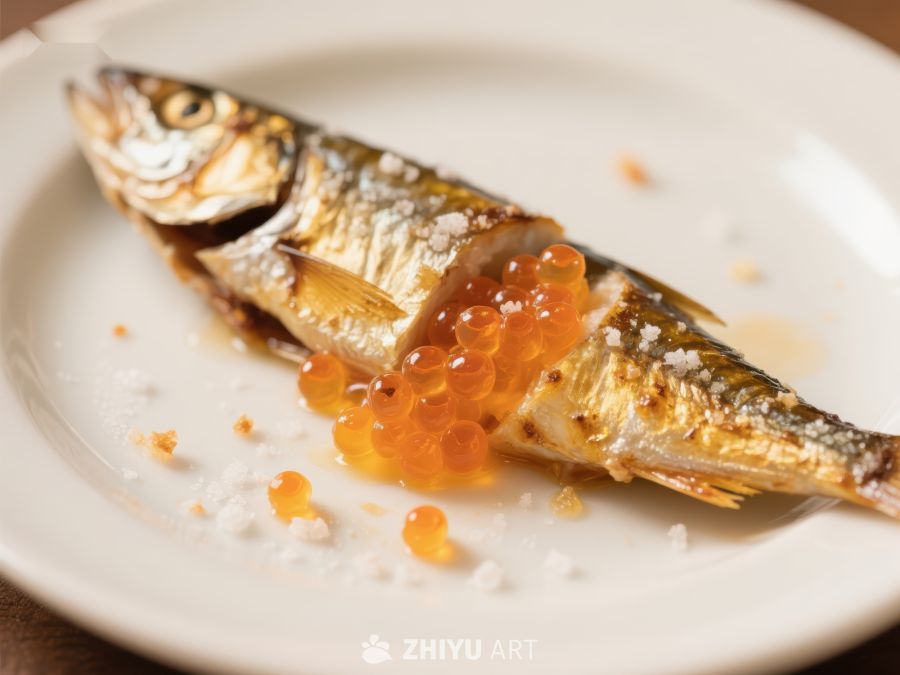 烤鱼配鱼子酱美食特写
