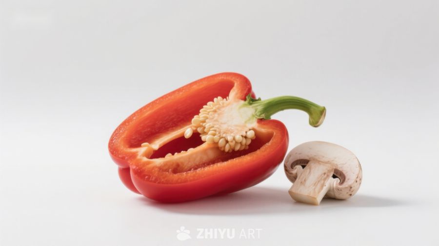 红椒与蘑菇静物特写